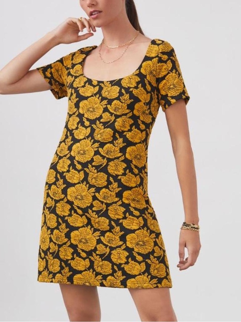 Anthropologie - Maeve Jacquard Bold Yellow Floral Short Sleeve Mini Dress SZ XL